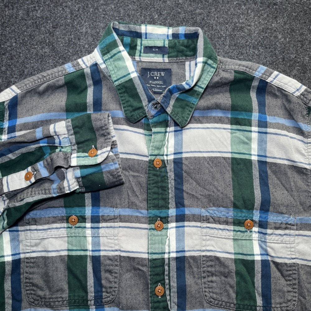 J.Crew Flannel Shirt Mens L Green Plaid Excellent Slim Fit Cotton Button Down